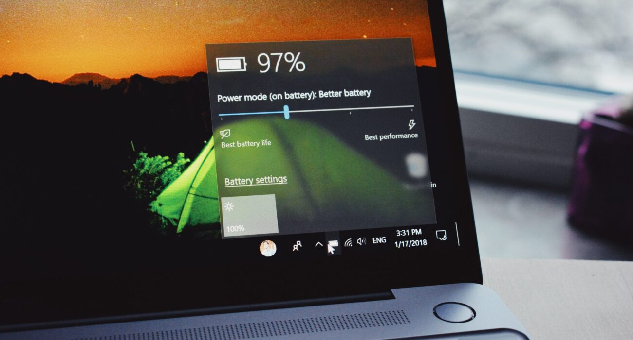 turn-on laptop displaying 97 percent battery