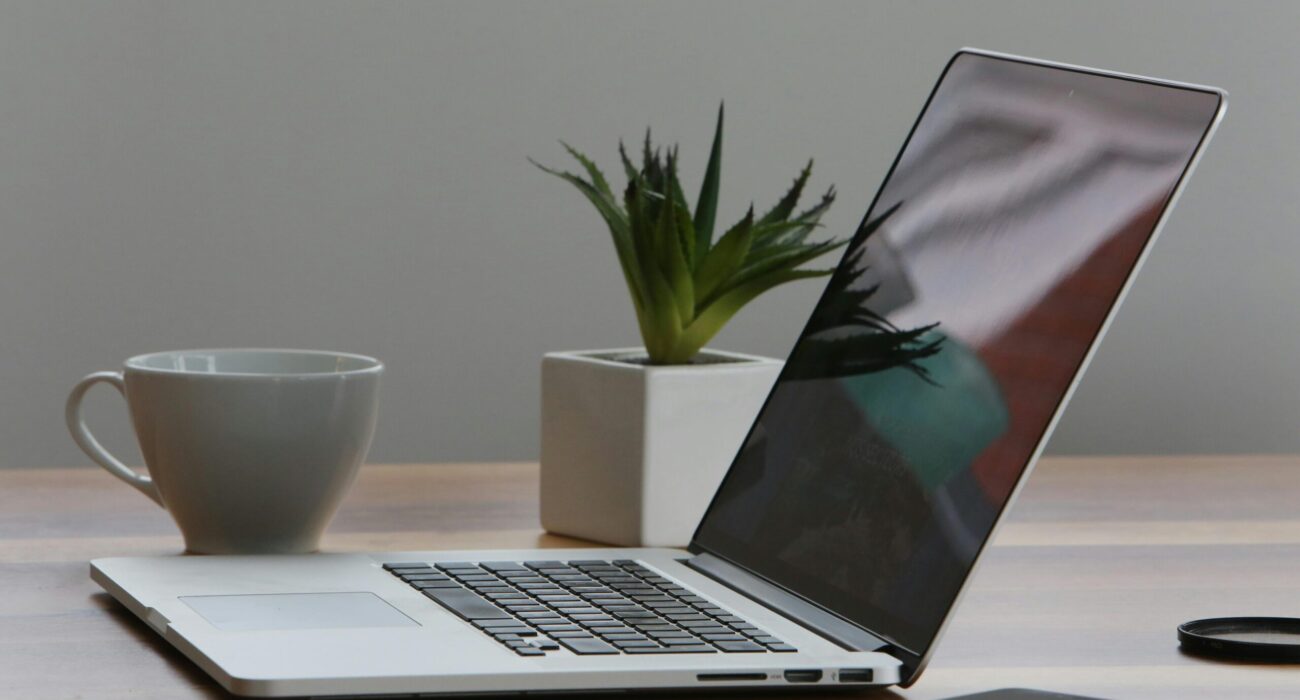 Free Minimalist home office desk with laptop, smartphone, and plant for a modern work environment. Stock Photo